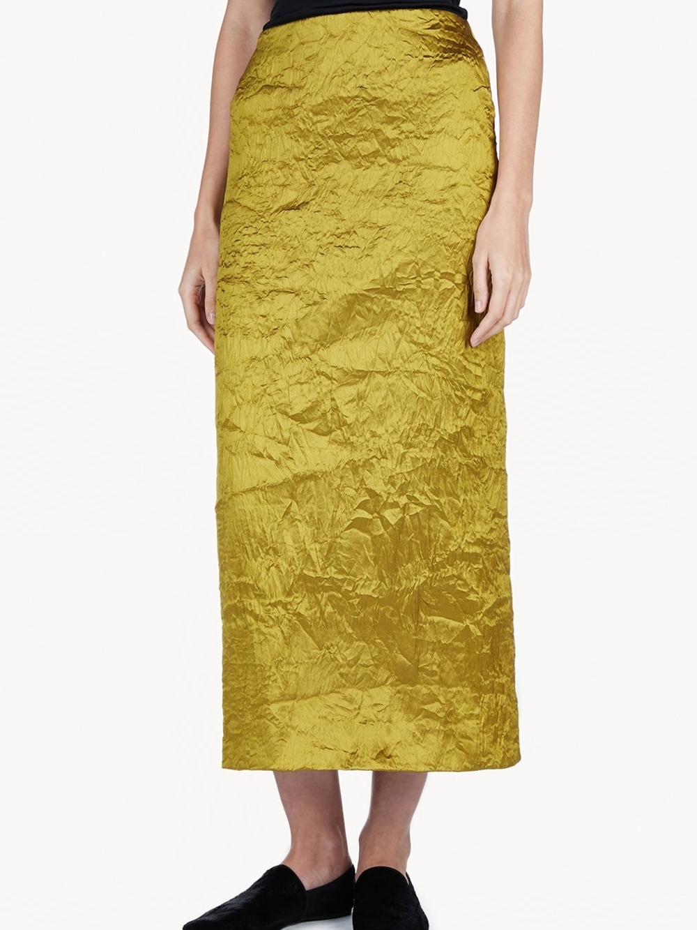 Womens Gold Crinkle Midi Skirt